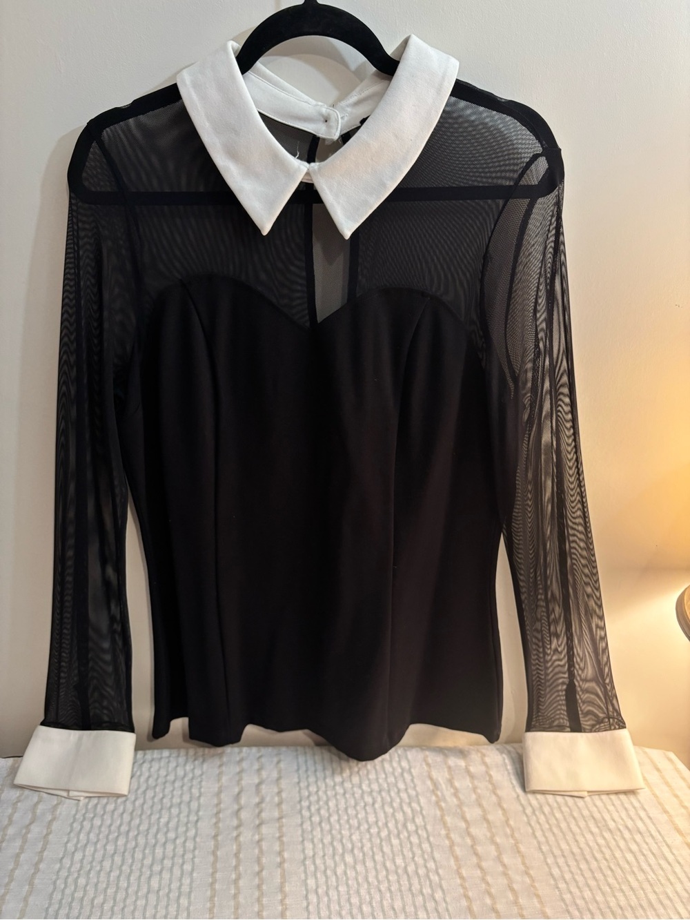 Boston Proper Black Sheer Mesh Long-Sleeve Top with White Collar & Cuffs
